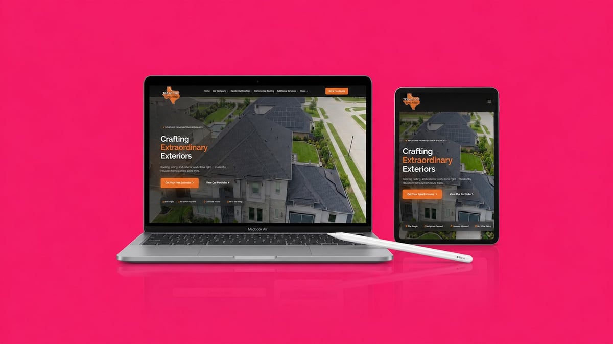 Laptop and tablet displaying a crafting exteriors website on a bright pink background with a stylus nearby