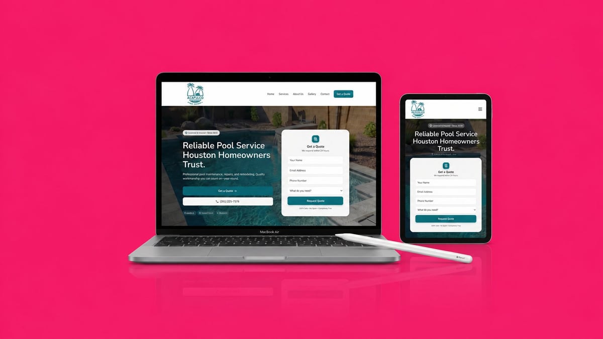Responsive web design mockup showing laptop and mobile device displaying a professional pool service website on pink background