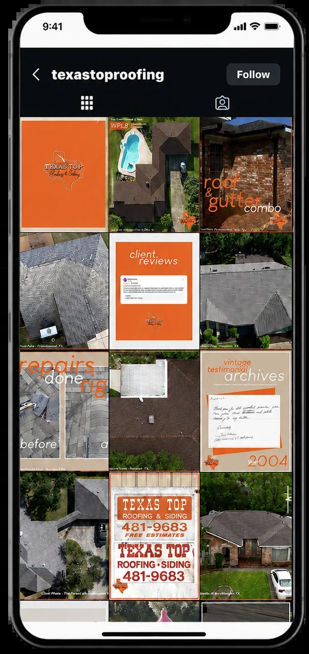 Instagram profile grid for texastoroofing showing roofing project photos, before/after images, client reviews, and business information